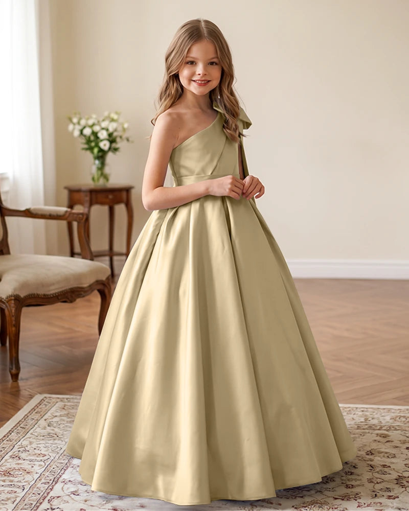 One-Shoulder-Satin-A-Line-Flower-Girl-Dress-Gold-1