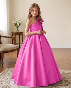 One-Shoulder-Satin-A-Line-Flower-Girl-Dress-Hot-Pink-1