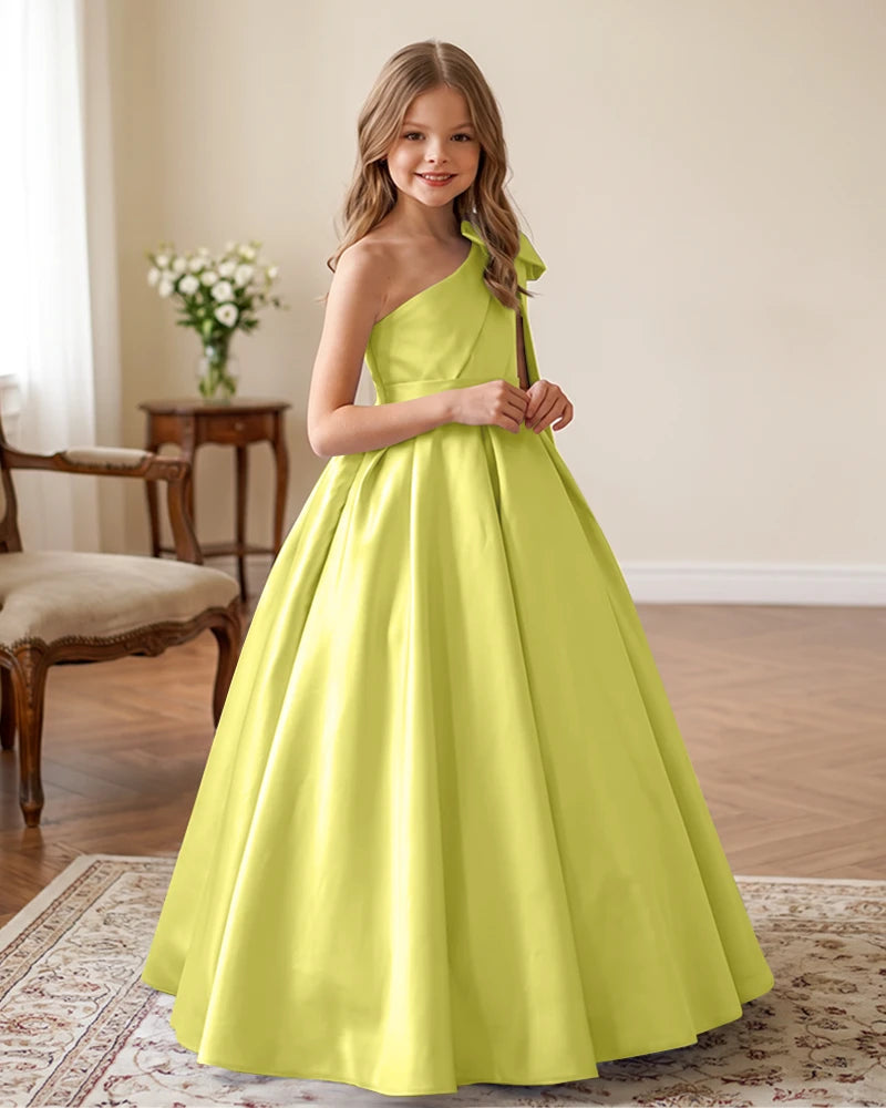 One-Shoulder-Satin-A-Line-Flower-Girl-Dress-Lemon-1