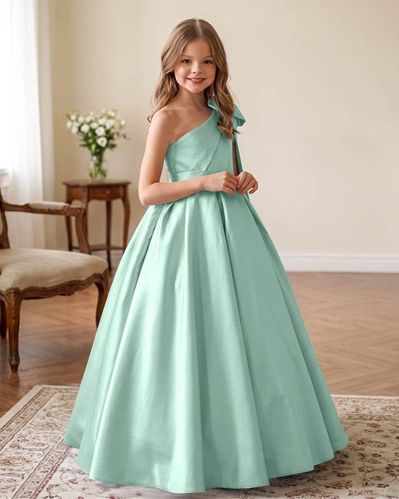 One-Shoulder-Satin-A-Line-Flower-Girl-Dress-Mint-Green-1