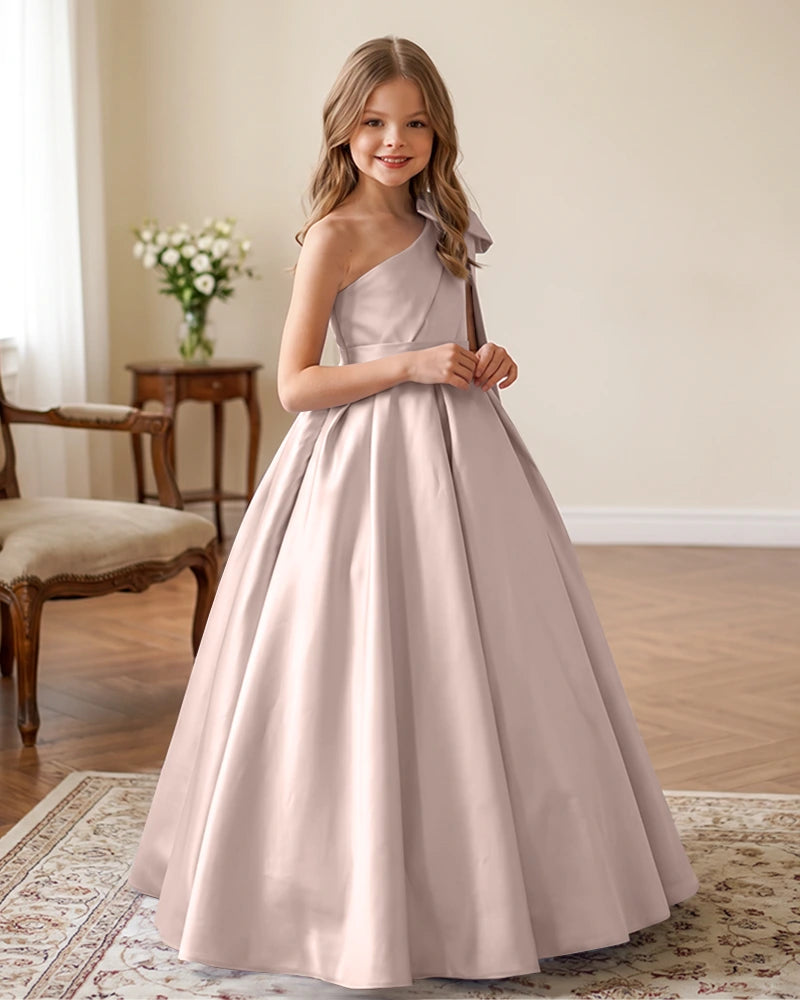 One-Shoulder-Satin-A-Line-Flower-Girl-Dress-Peach-1