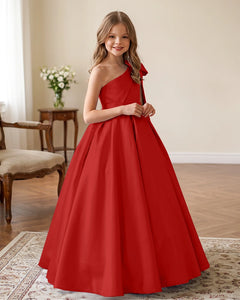 One-Shoulder-Satin-A-Line-Flower-Girl-Dress-Red-1
