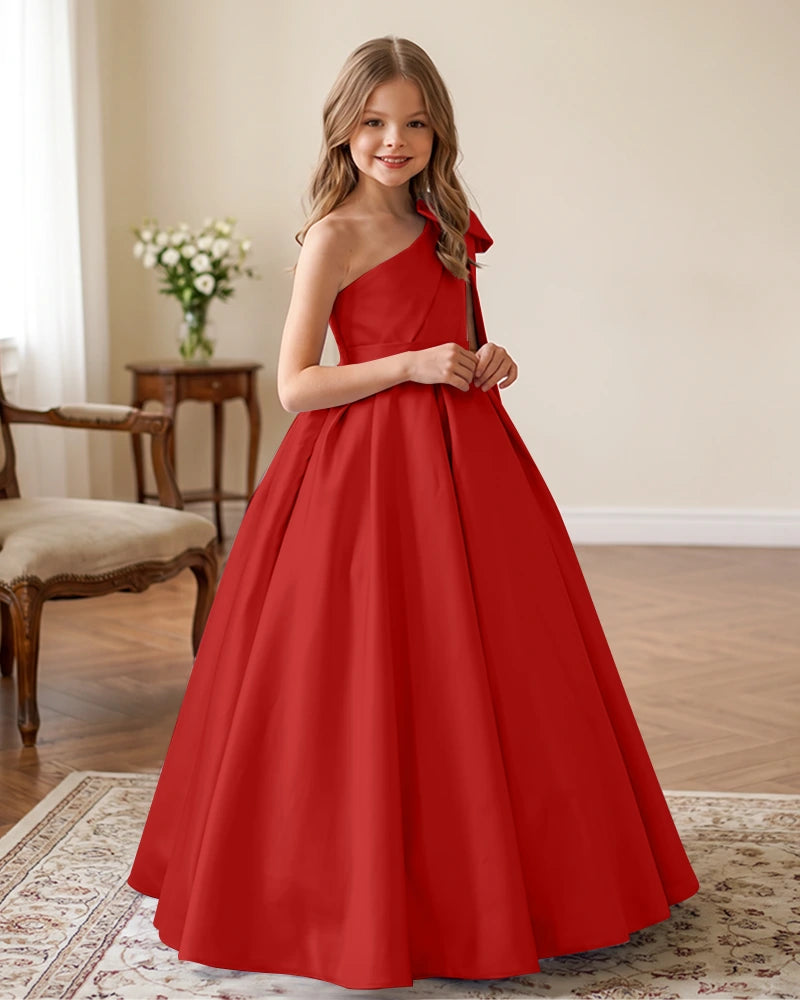 One-Shoulder-Satin-A-Line-Flower-Girl-Dress-Red-1