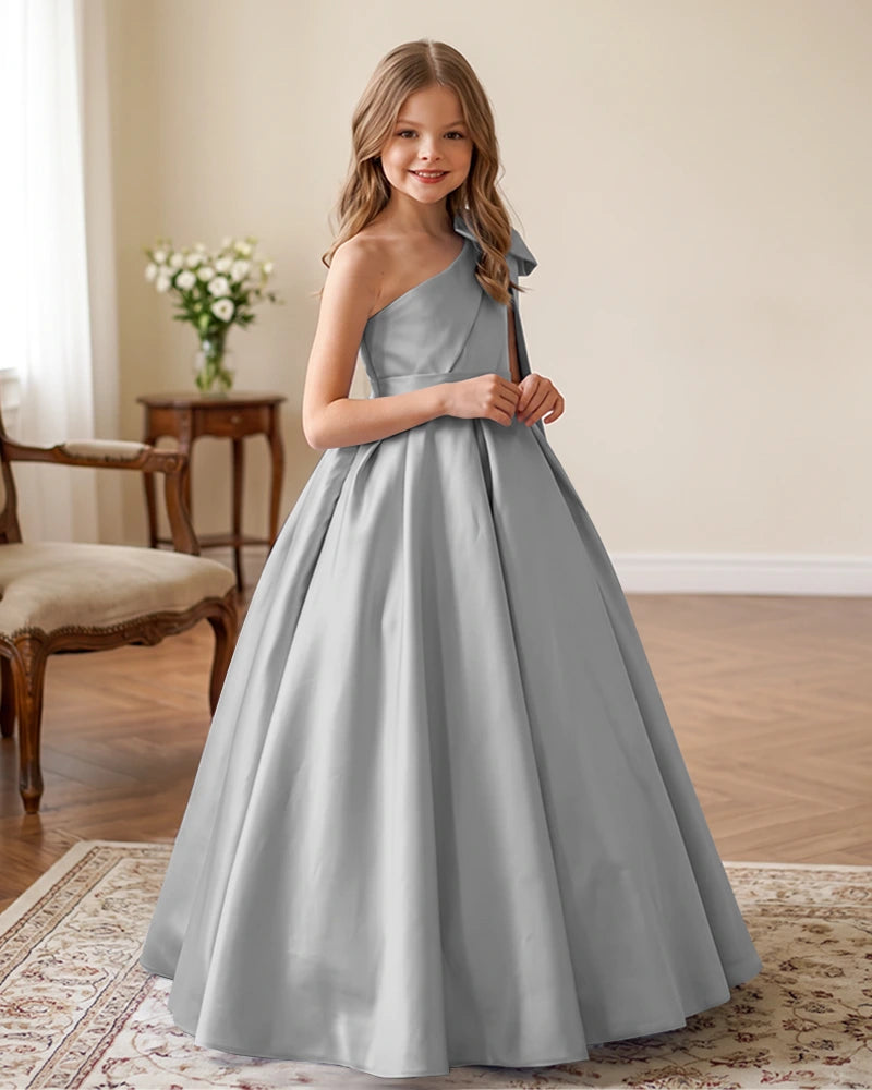 One-Shoulder-Satin-A-Line-Flower-Girl-Dress-Silver-1