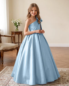One-Shoulder-Satin-A-Line-Flower-Girl-Dress-Sky-Blue-1