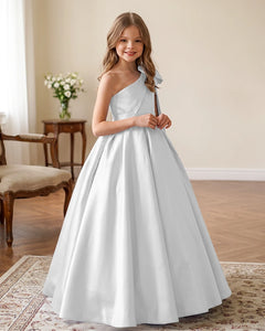 One-Shoulder-Satin-A-Line-Flower-Girl-Dress-White-1
