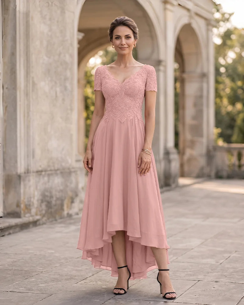 V Neck Lace Sleeve Mother of the Bride Dress High Low Skirt