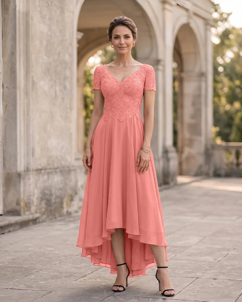 V Neck Lace Sleeve Mother of the Bride Dress High Low Skirt