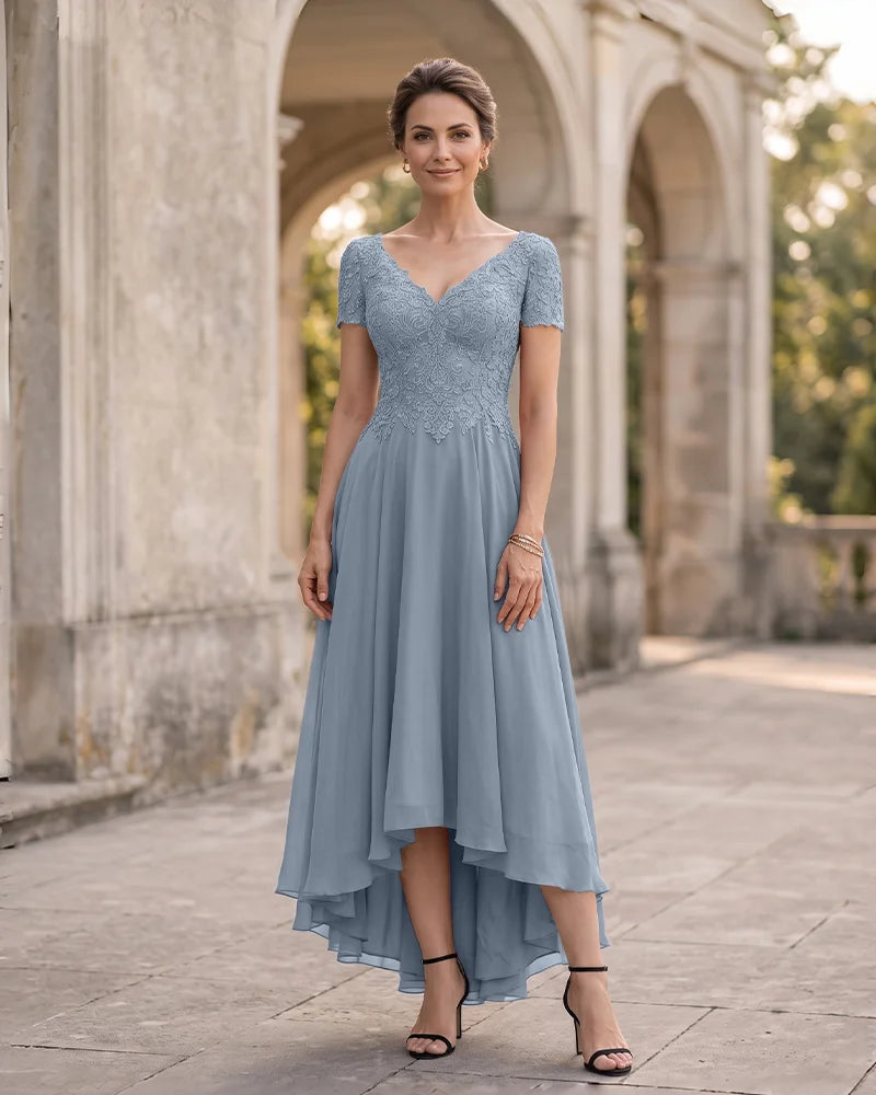 V Neck Lace Sleeve Mother of the Bride Dress High Low Skirt