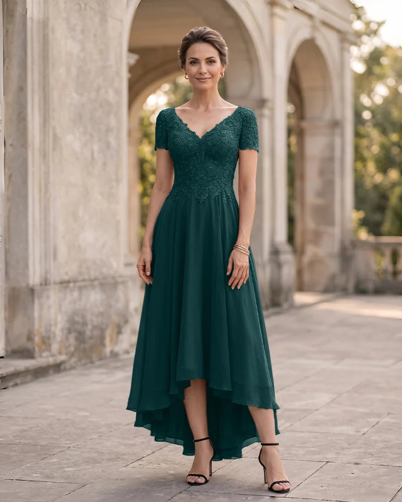 V Neck Lace Sleeve Mother of the Bride Dress High Low Skirt