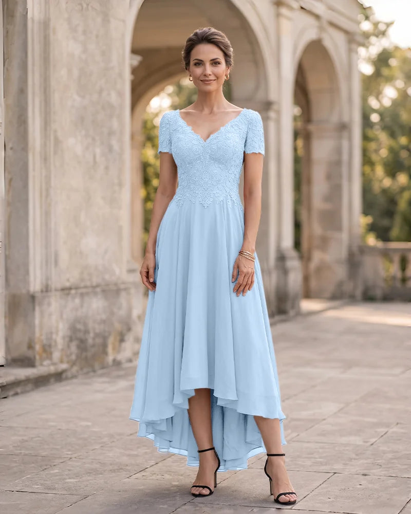 V Neck Lace Sleeve Mother of the Bride Dress High Low Skirt