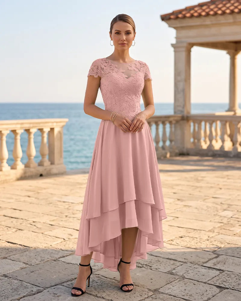 Cap Sleeve Chiffon High Low Mother of the Bride Dress