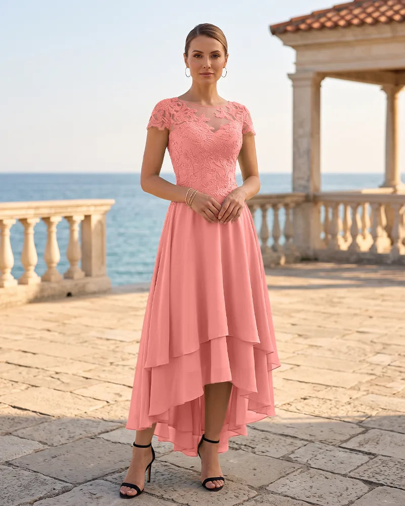 Cap Sleeve Chiffon High Low Mother of the Bride Dress