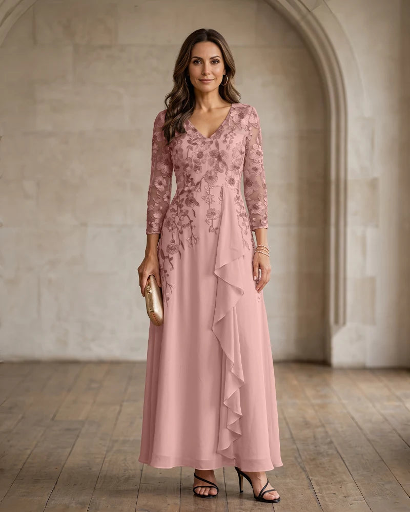 Floral Embroidered Chiffon Mother of the Bride Dress V Back