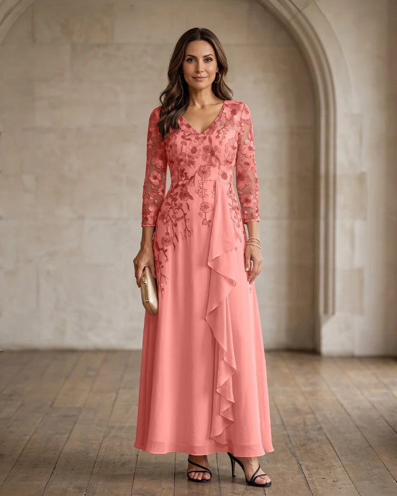 Floral Embroidered Chiffon Mother of the Bride Dress V Back