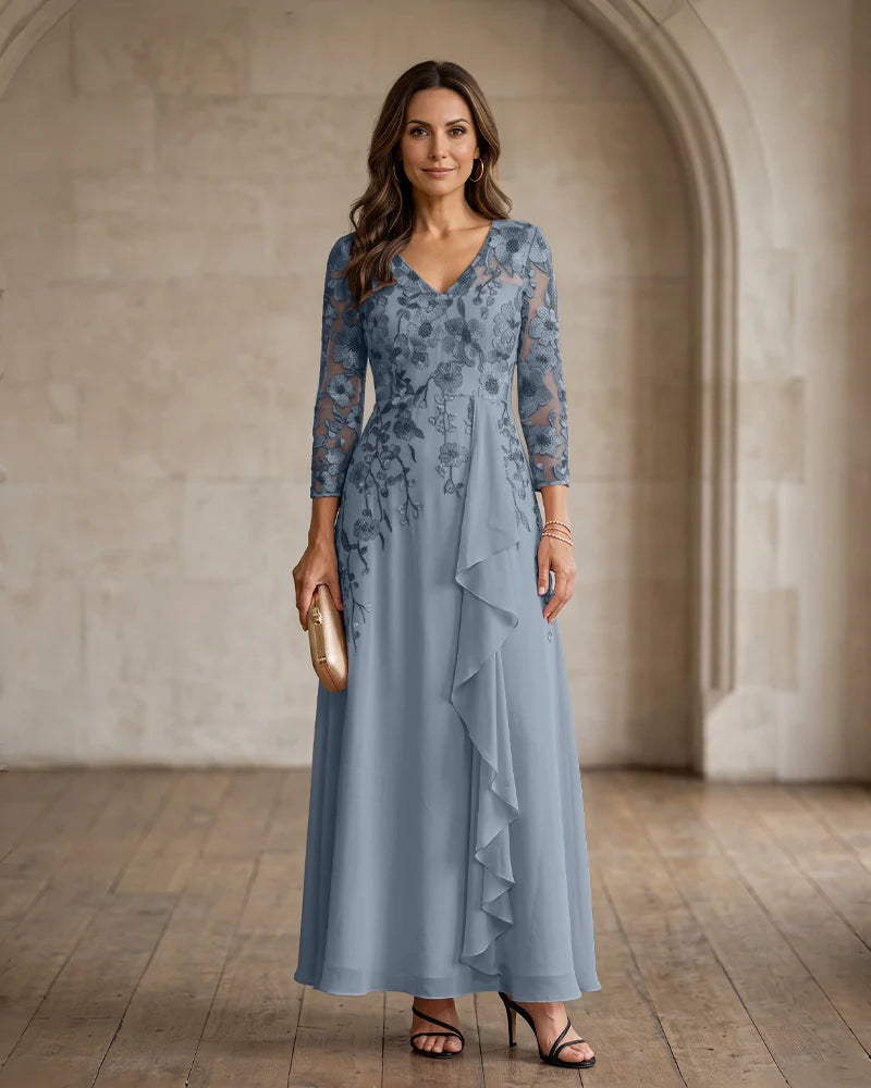 Floral Embroidered Chiffon Mother of the Bride Dress V Back