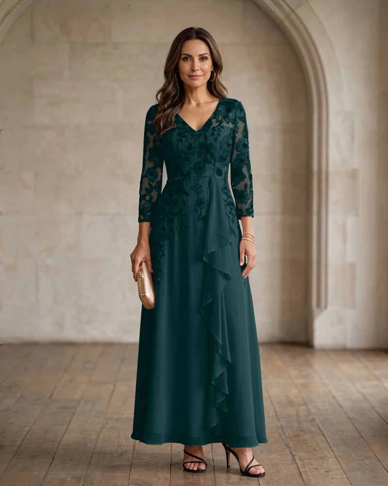 Floral Embroidered Chiffon Mother of the Bride Dress V Back