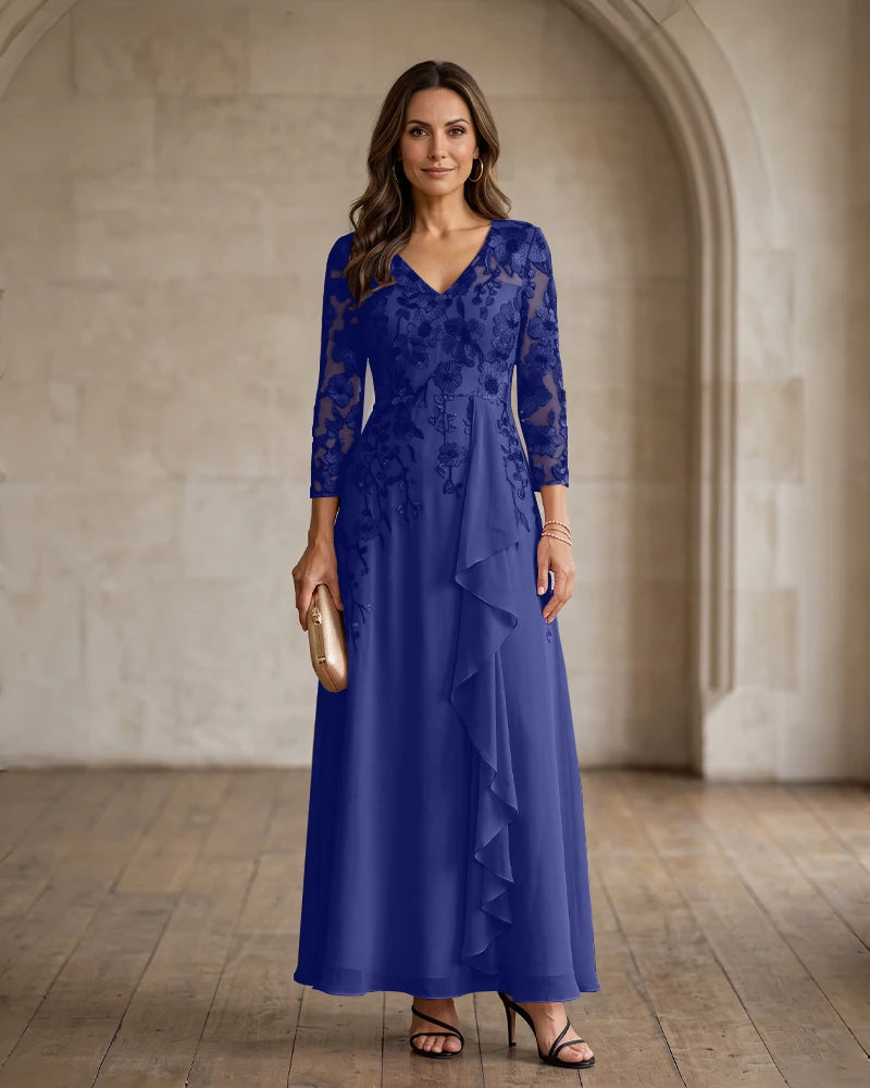 Floral Embroidered Chiffon Mother of the Bride Dress V Back