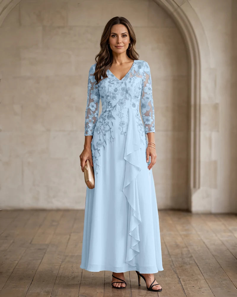 Floral Embroidered Chiffon Mother of the Bride Dress V Back