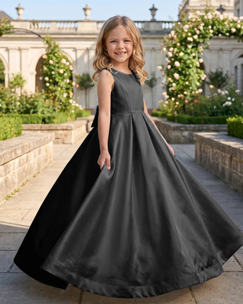 Sleeveless Satin A-Line Flower Girl Dress With Large Back Bow