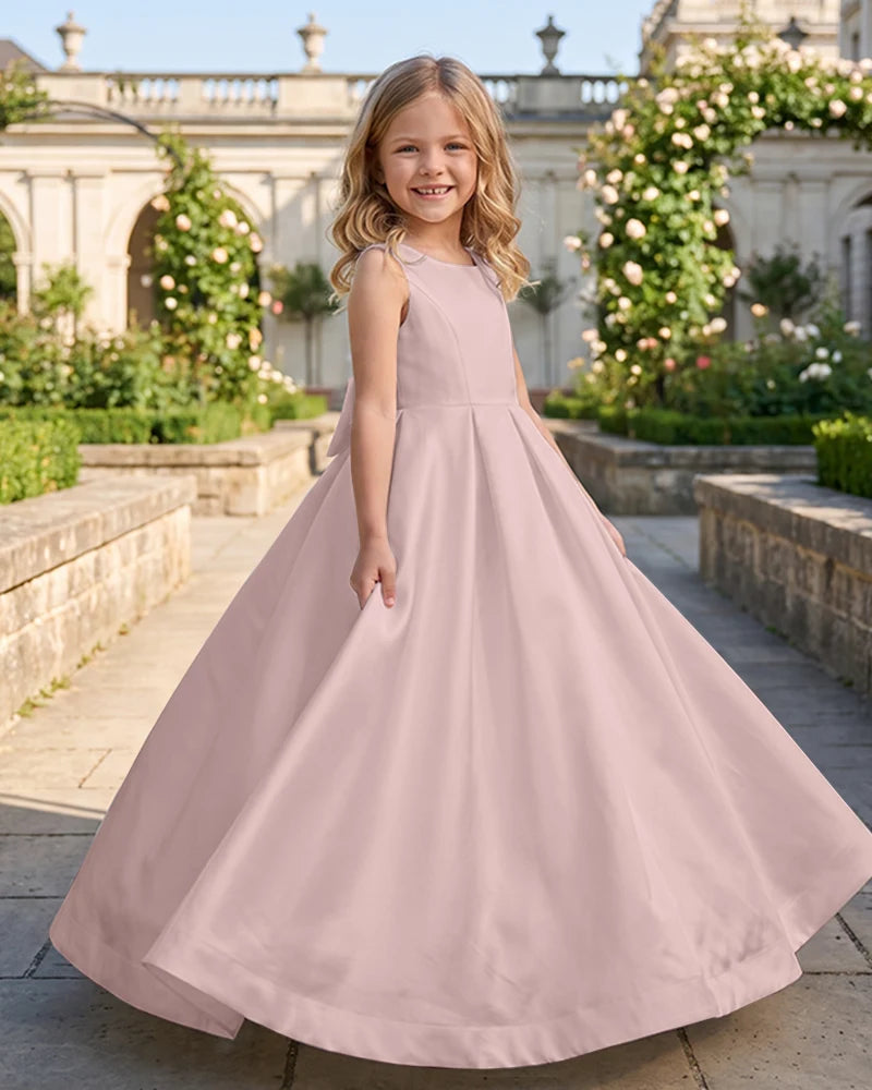 Sleeveless Satin A-Line Flower Girl Dress With Large Back Bow