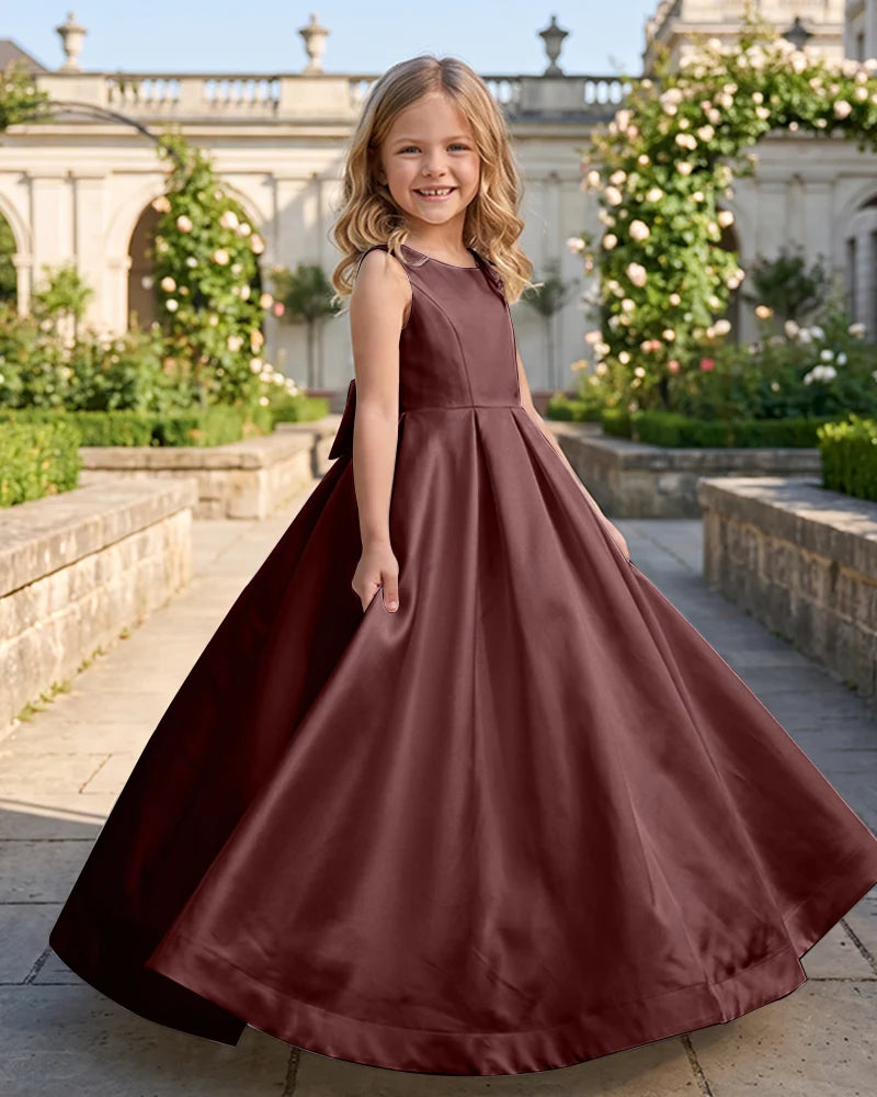 Sleeveless Satin A-Line Flower Girl Dress With Large Back Bow
