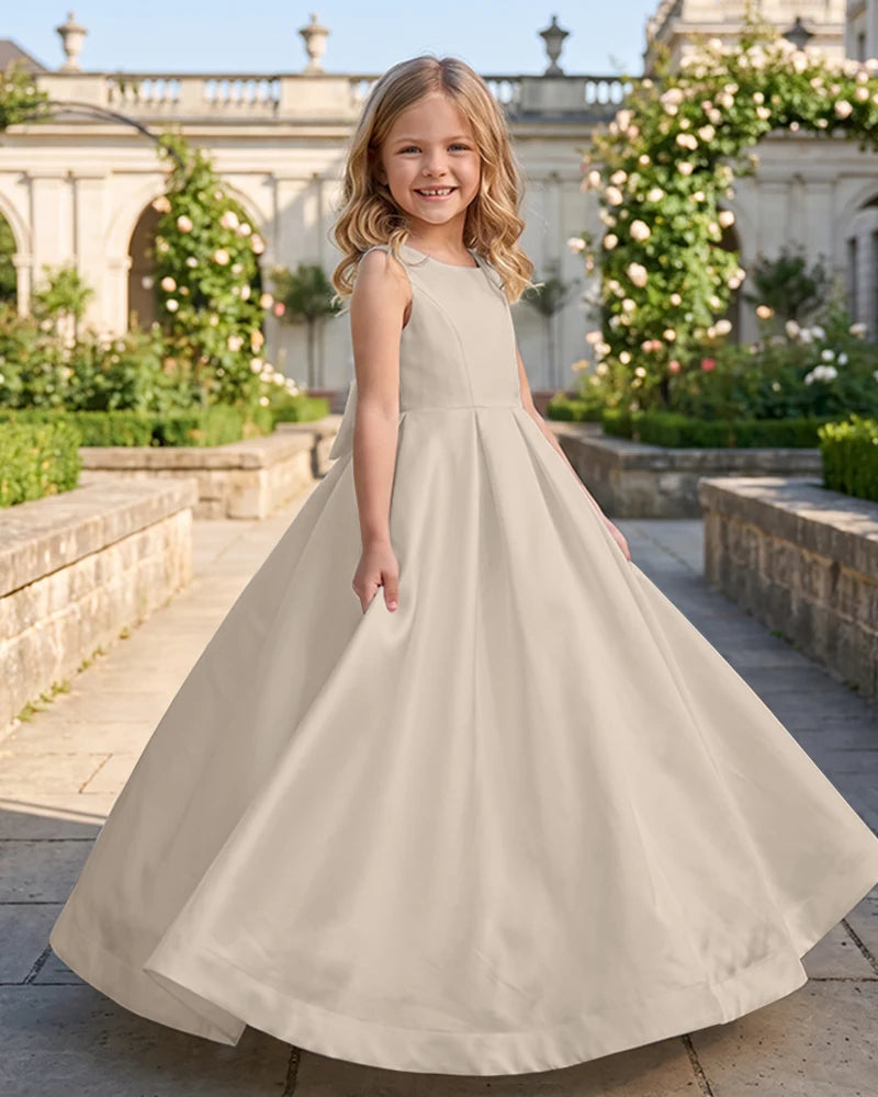 Sleeveless Satin A-Line Flower Girl Dress With Large Back Bow