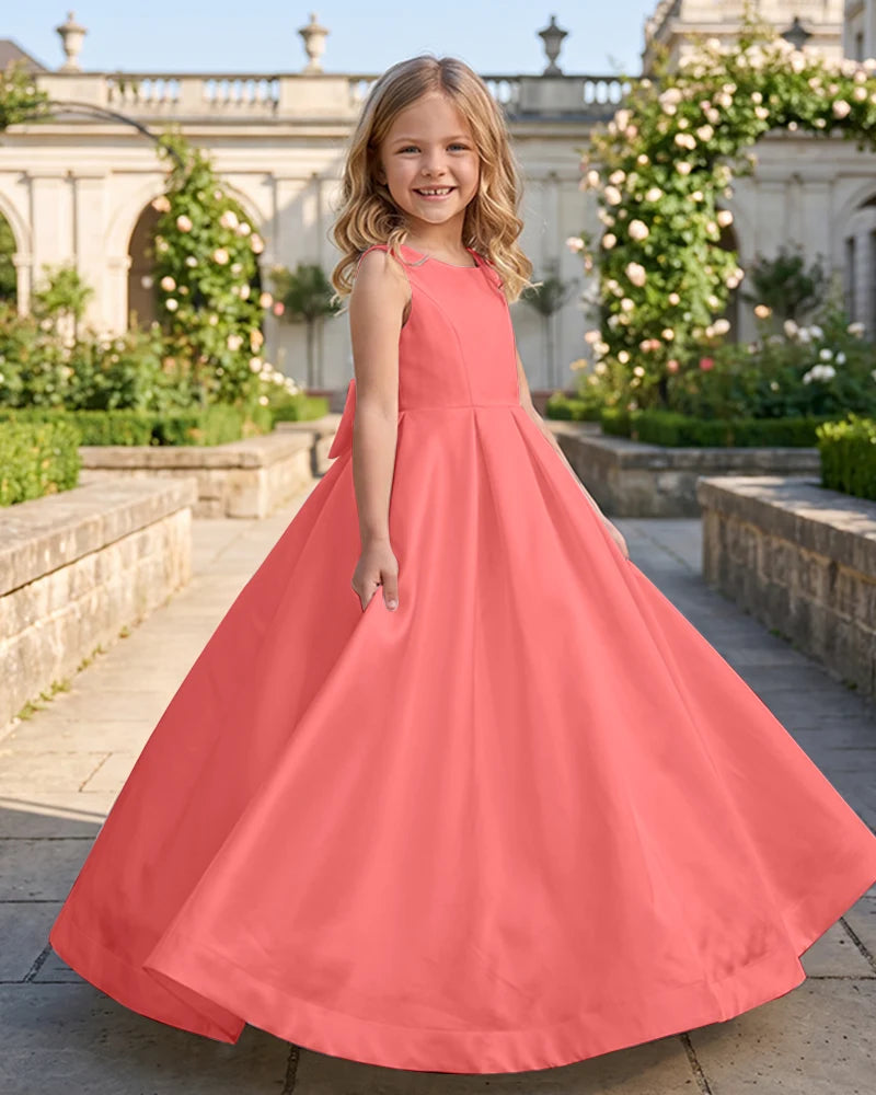 Sleeveless Satin A-Line Flower Girl Dress With Large Back Bow
