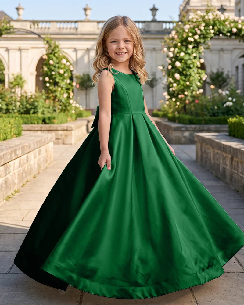Sleeveless Satin A-Line Flower Girl Dress With Large Back Bow