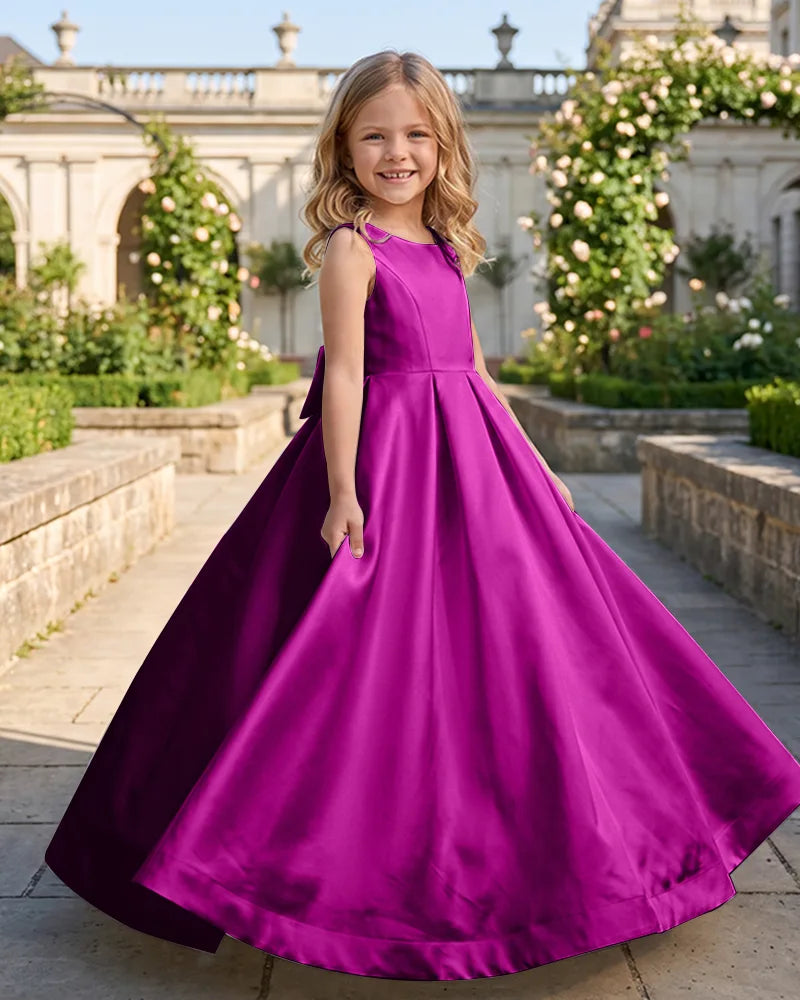 Sleeveless Satin A-Line Flower Girl Dress With Large Back Bow
