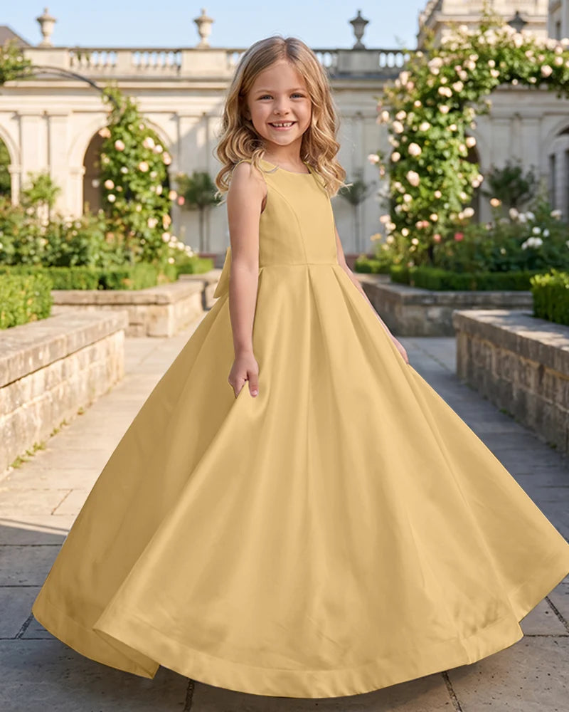 Sleeveless Satin A-Line Flower Girl Dress With Large Back Bow
