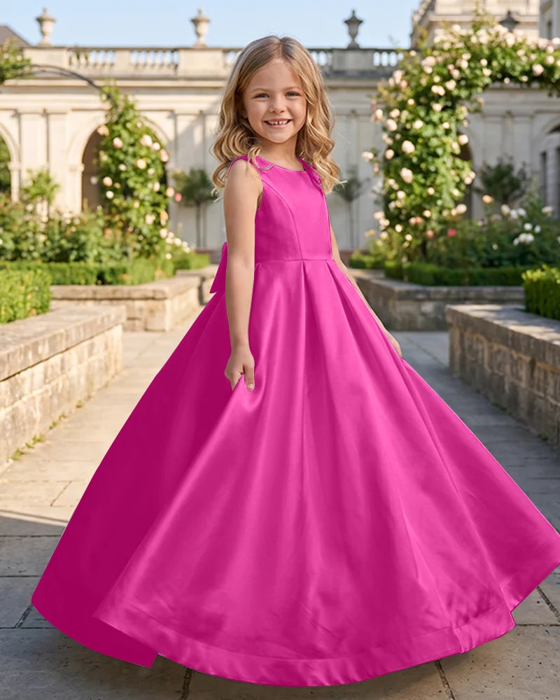 Sleeveless Satin A-Line Flower Girl Dress With Large Back Bow