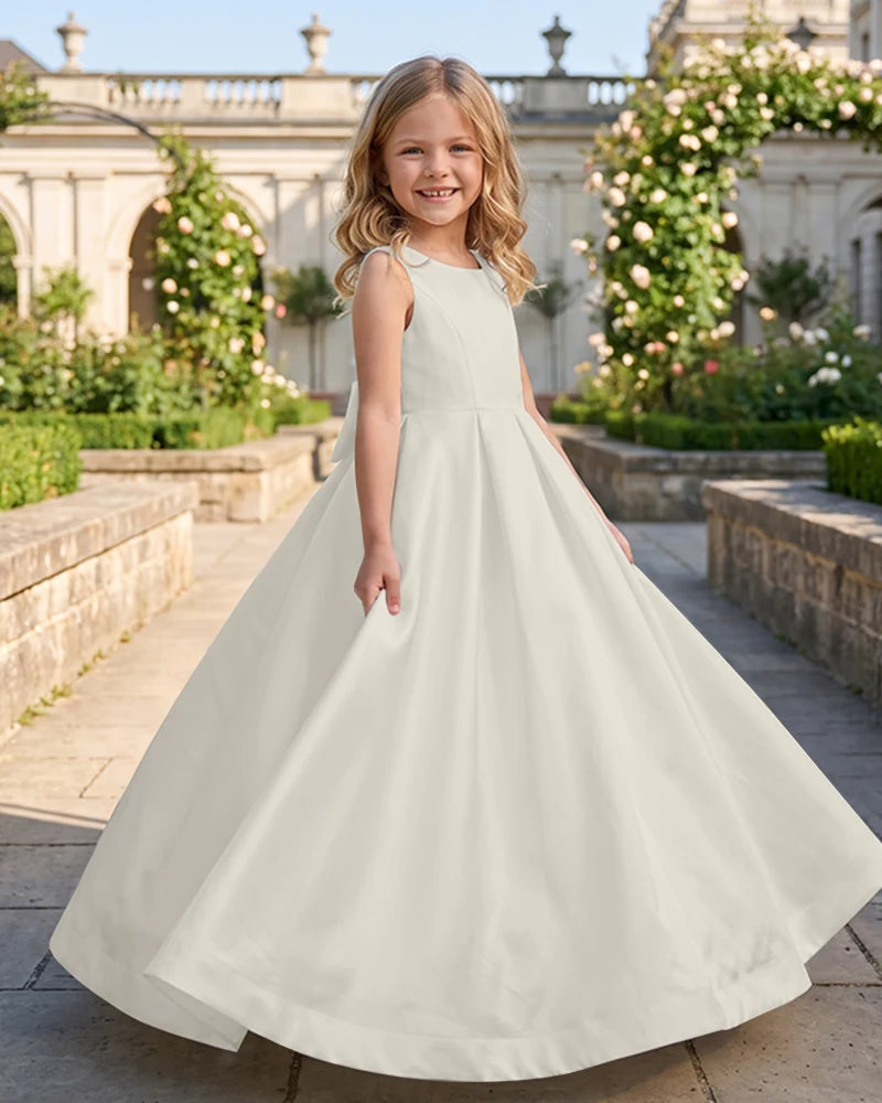Sleeveless Satin A-Line Flower Girl Dress With Large Back Bow