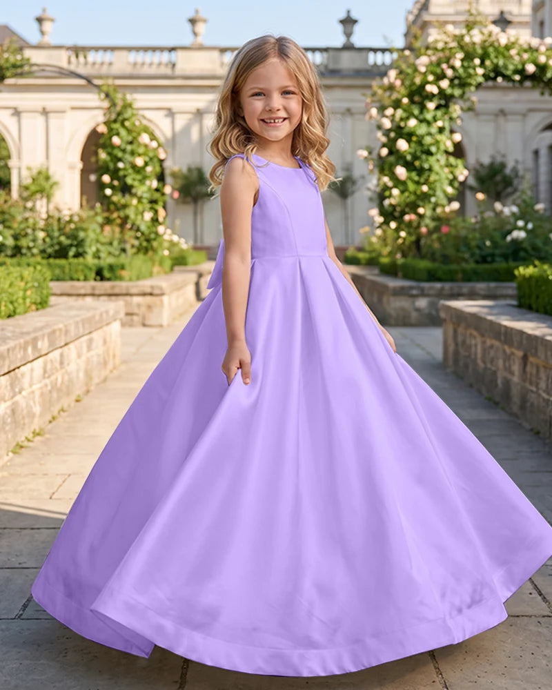 Sleeveless Satin A-Line Flower Girl Dress With Large Back Bow
