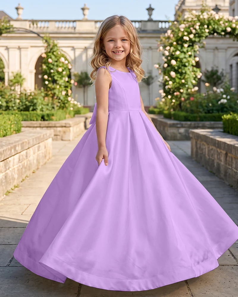 Sleeveless Satin A-Line Flower Girl Dress With Large Back Bow