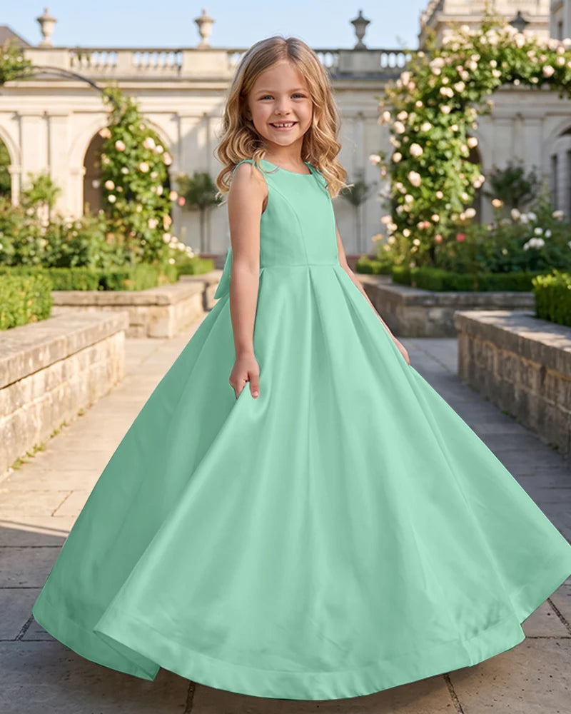Sleeveless Satin A-Line Flower Girl Dress With Large Back Bow