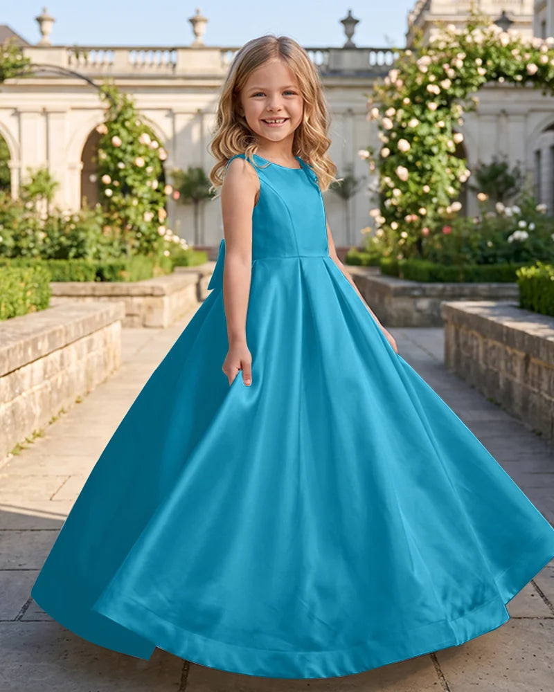 Sleeveless Satin A-Line Flower Girl Dress With Large Back Bow