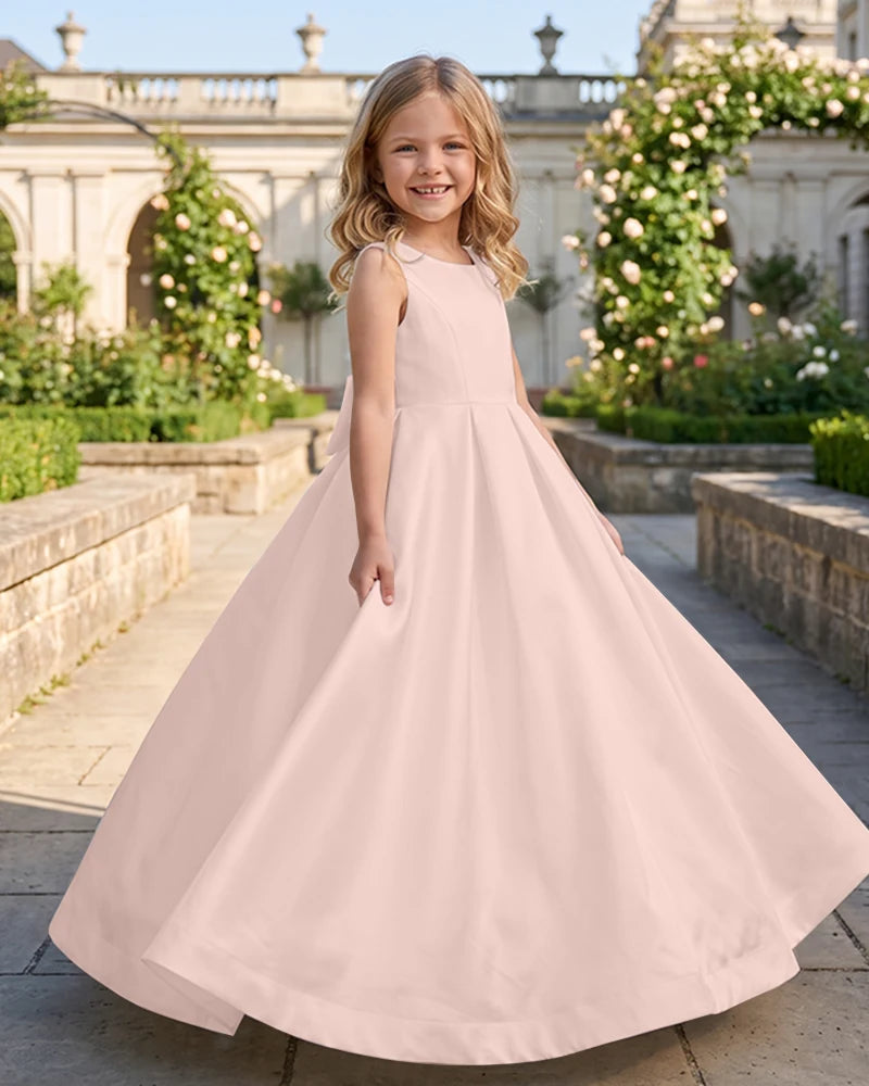 Sleeveless Satin A-Line Flower Girl Dress With Large Back Bow