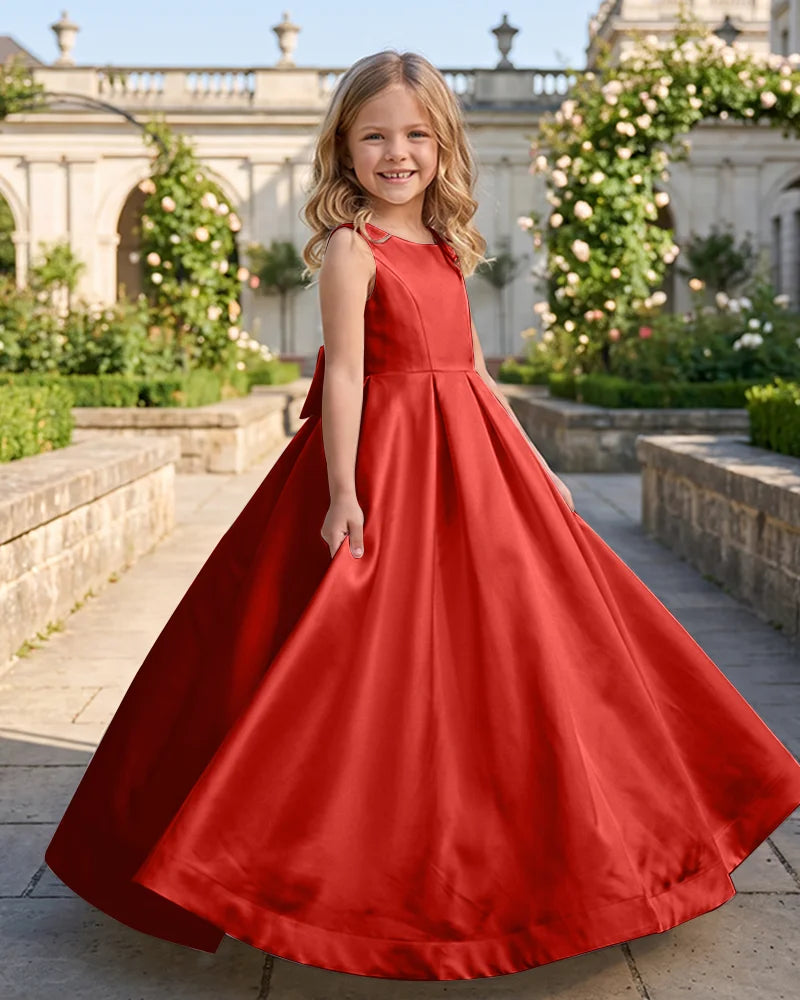 Sleeveless Satin A-Line Flower Girl Dress With Large Back Bow