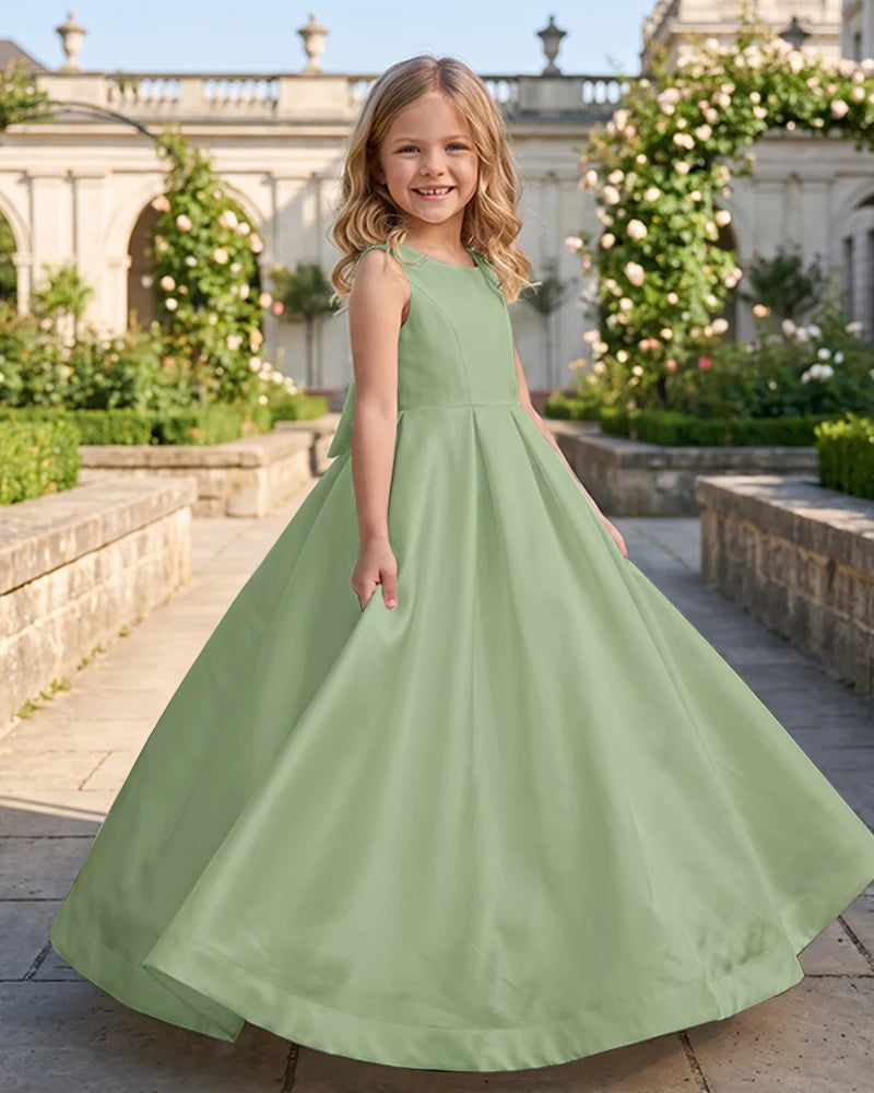 Sleeveless Satin A-Line Flower Girl Dress With Large Back Bow