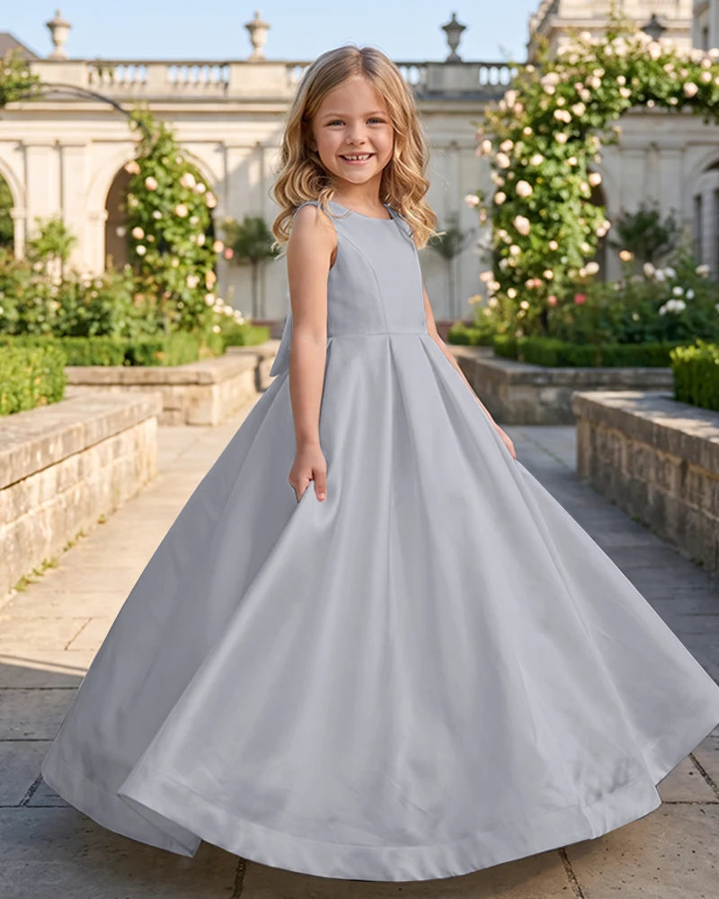 Sleeveless Satin A-Line Flower Girl Dress With Large Back Bow