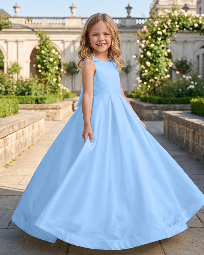 Sleeveless Satin A-Line Flower Girl Dress With Large Back Bow