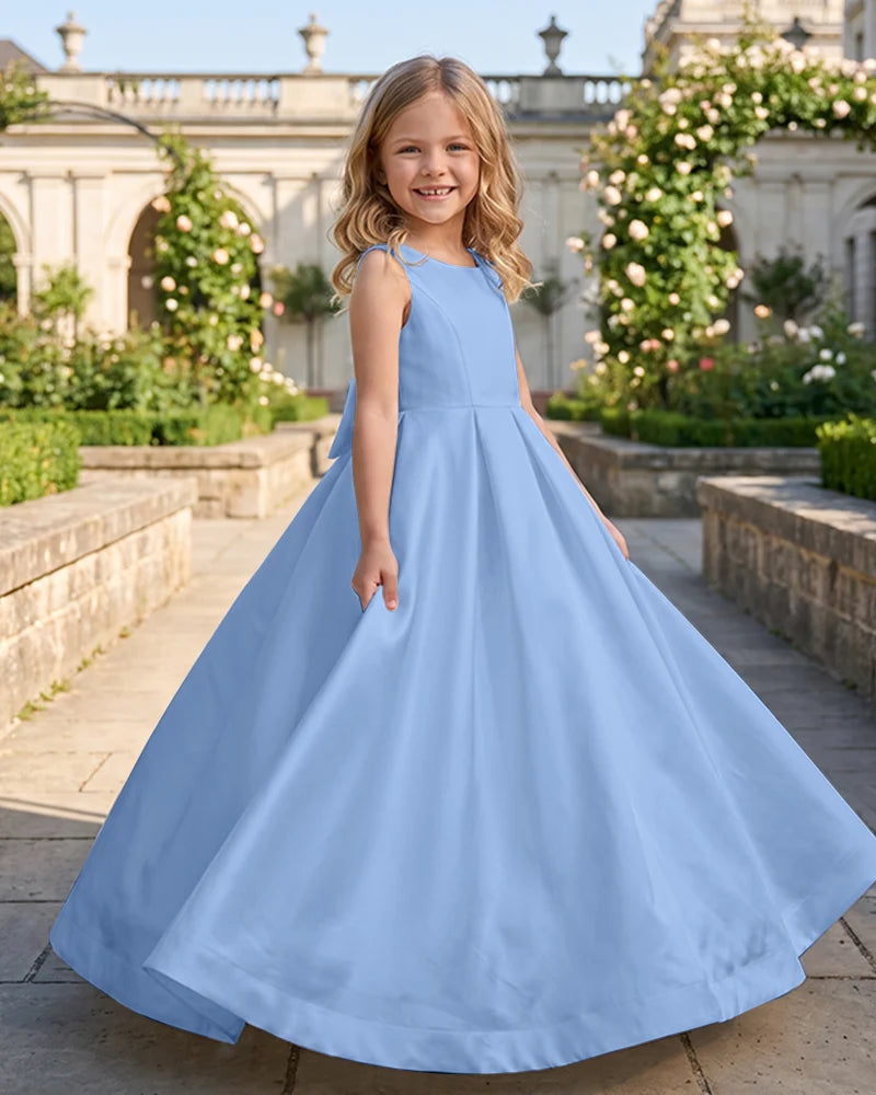 Sleeveless Satin A-Line Flower Girl Dress With Large Back Bow
