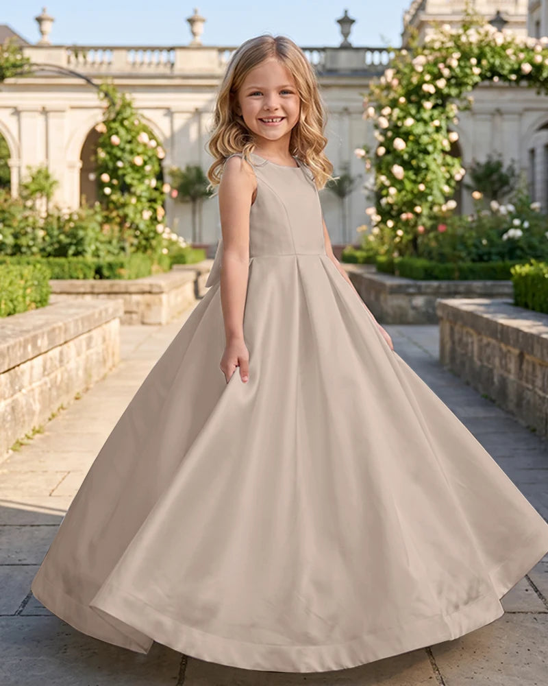 Sleeveless Satin A-Line Flower Girl Dress With Large Back Bow
