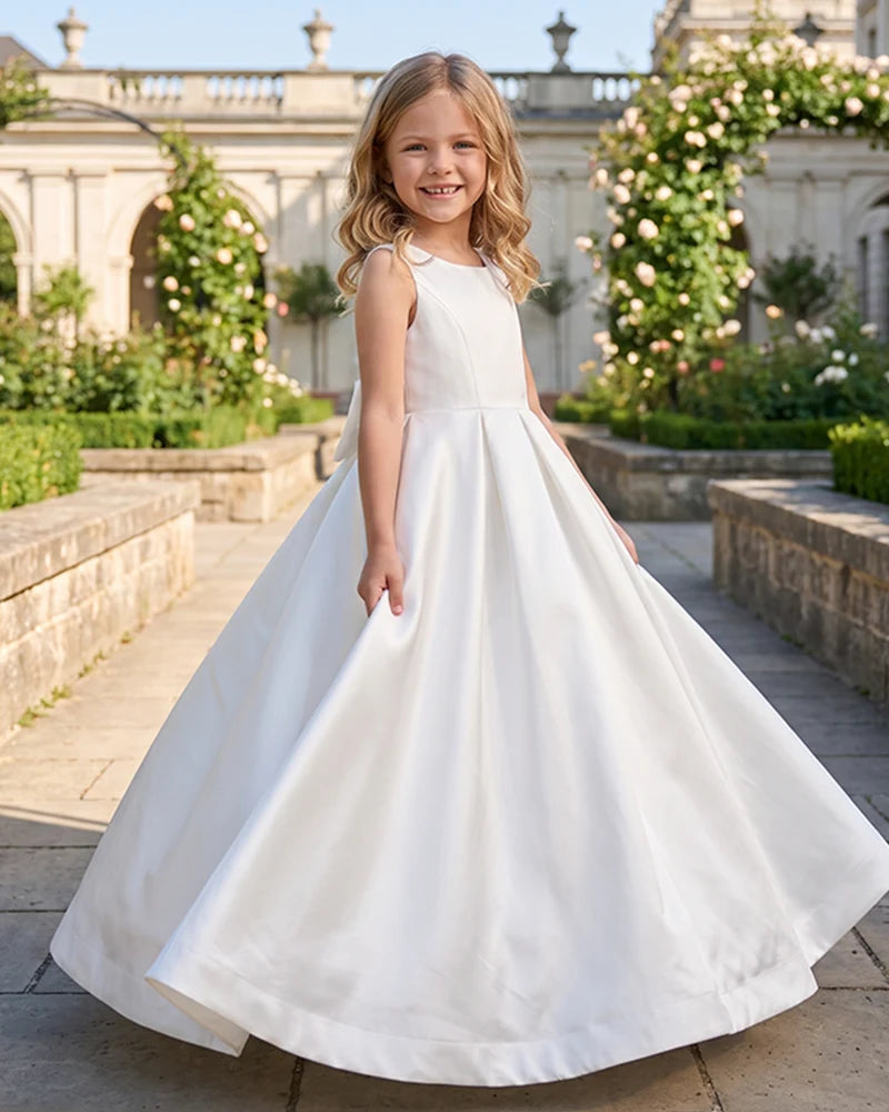 Sleeveless Satin A-Line Flower Girl Dress With Large Back Bow