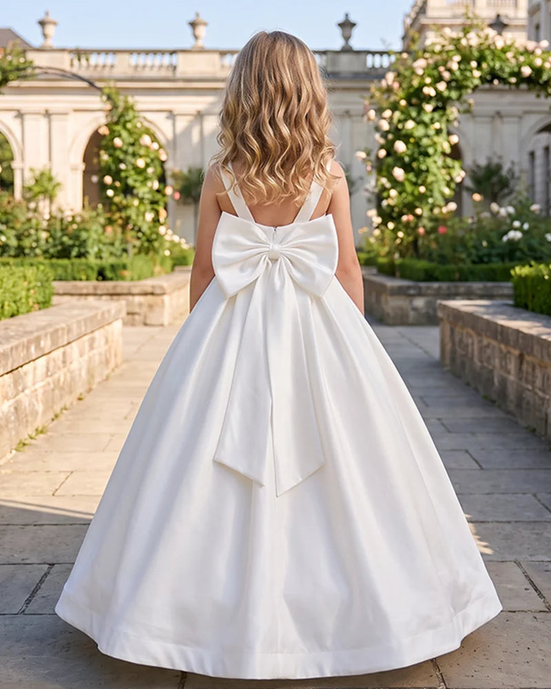 Sleeveless Satin A-Line Flower Girl Dress With Large Back Bow