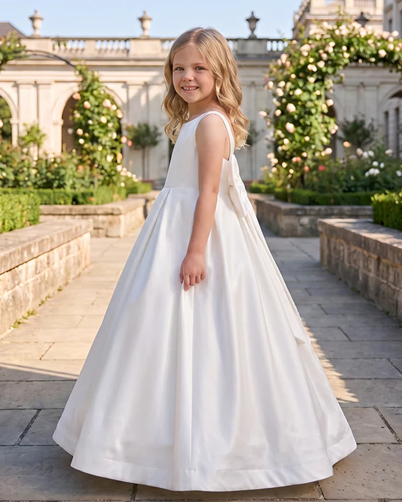 Sleeveless Satin A-Line Flower Girl Dress With Large Back Bow