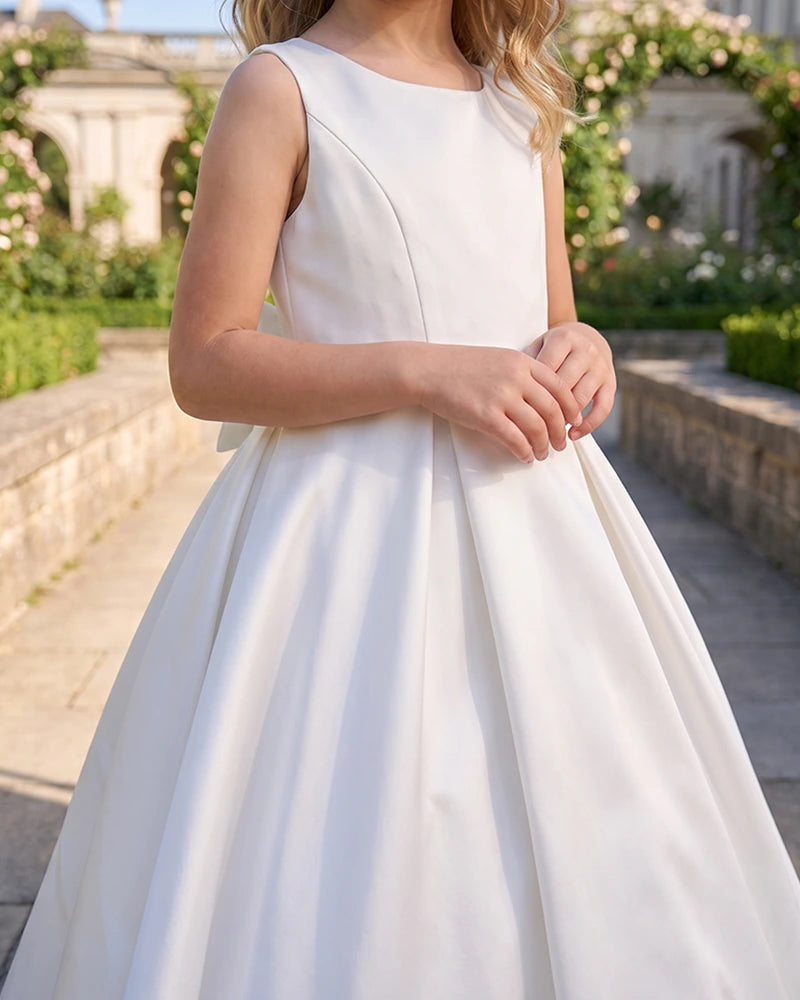 Sleeveless Satin A-Line Flower Girl Dress With Large Back Bow
