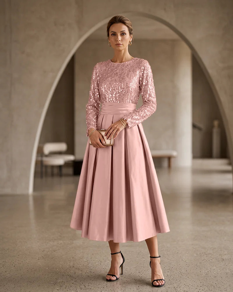 Sequin Bodice Midi Satin Mother of the Bride Dress Pleated