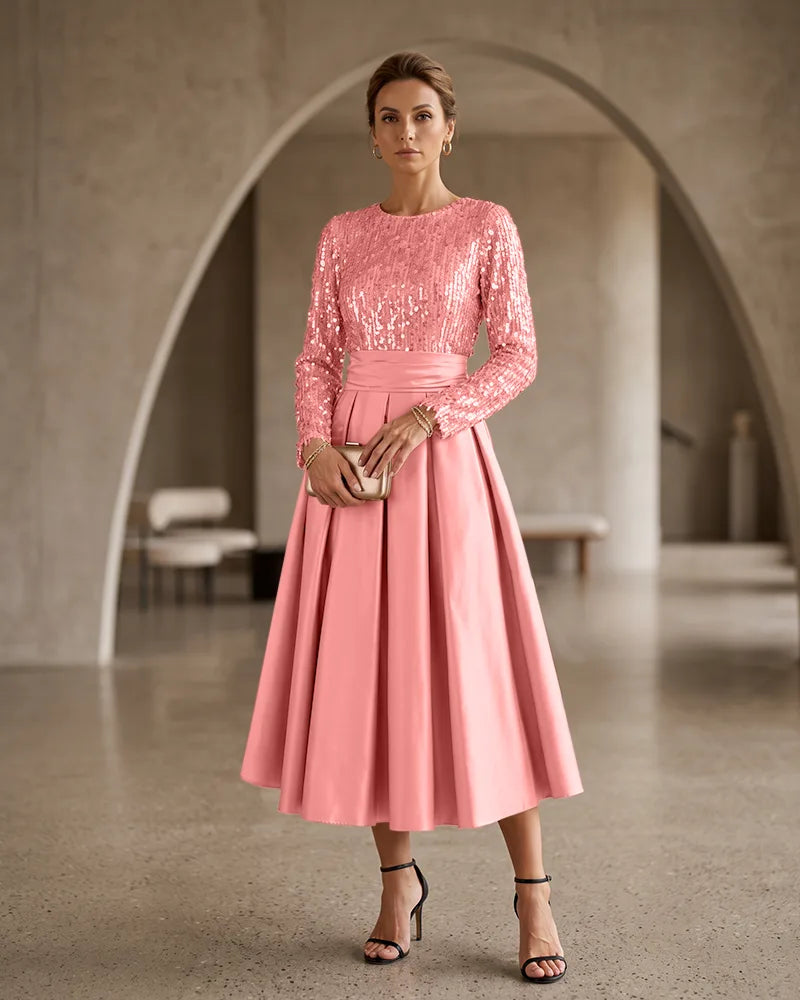 Sequin Bodice Midi Satin Mother of the Bride Dress Pleated